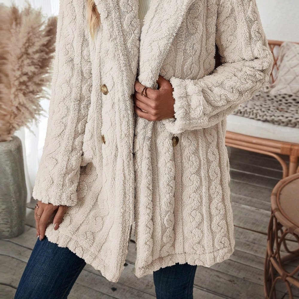 Apricot Preppy Womens Double Breasted Lapel Neck Flannelette Coat - Picture 2 of 5